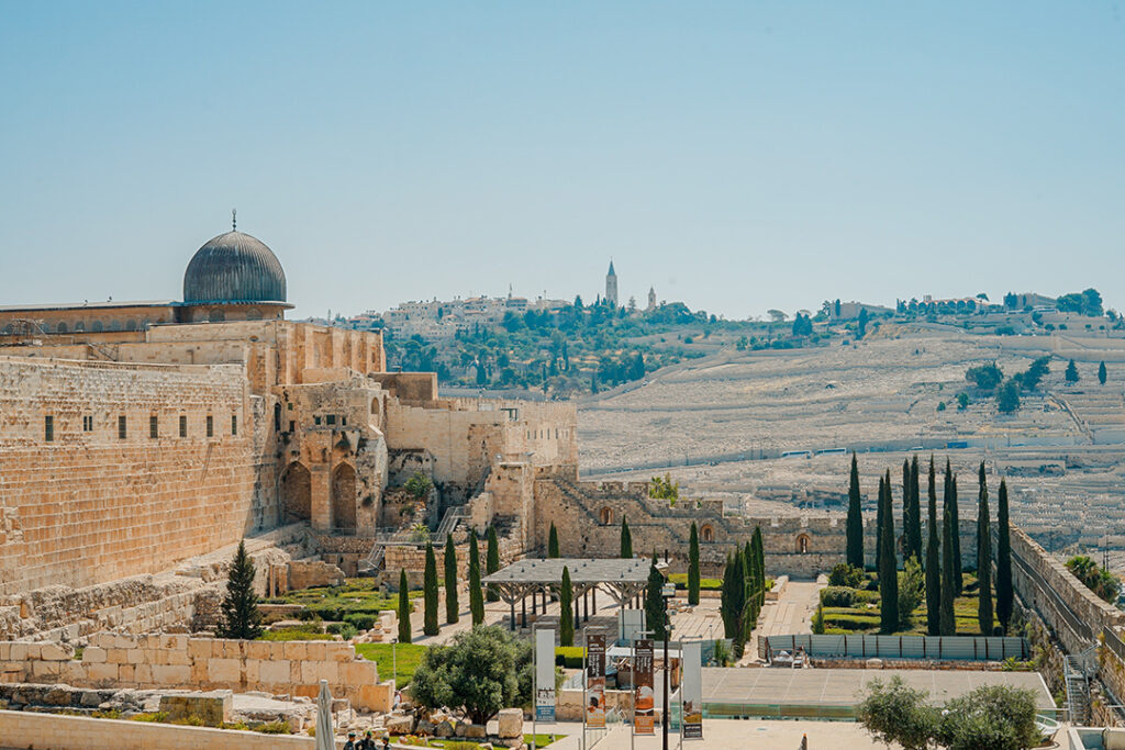 A walled garden is seen at a site in the Middle East, potentially at a mosque.